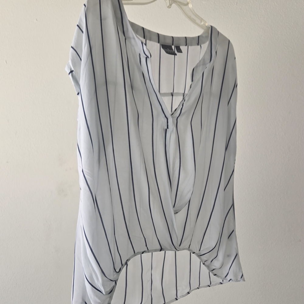 New York & Company Navy and White Striped Blouse SKU02